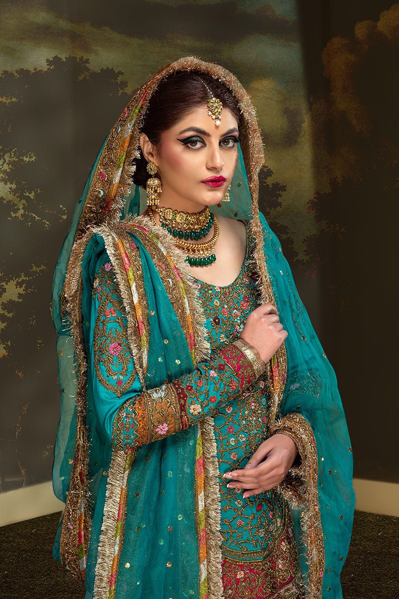 Pakistani Teal Zardozi Resham Jamawar Sharara Set (3-Piece) - Image 3