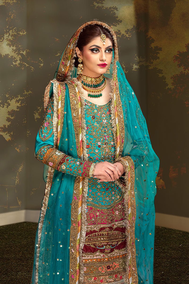 Pakistani Teal Zardozi Resham Jamawar Sharara Set (3-Piece) - Image 4