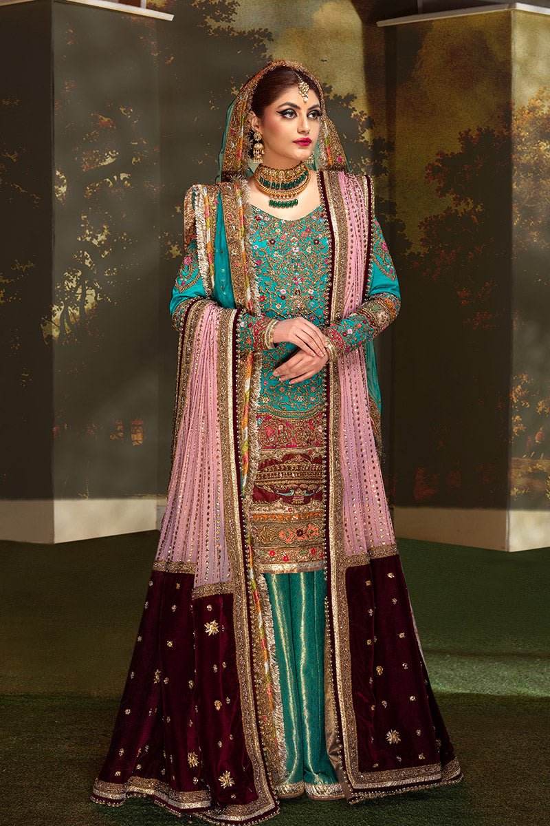 Pakistani Teal Zardozi Resham Jamawar Sharara Set (3-Piece) - Image 5