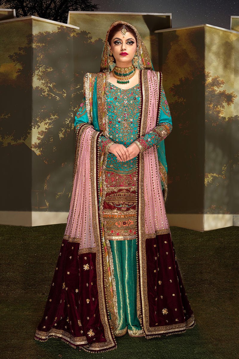 Pakistani Teal Zardozi Resham Jamawar Sharara Set (3-Piece) - Image 6