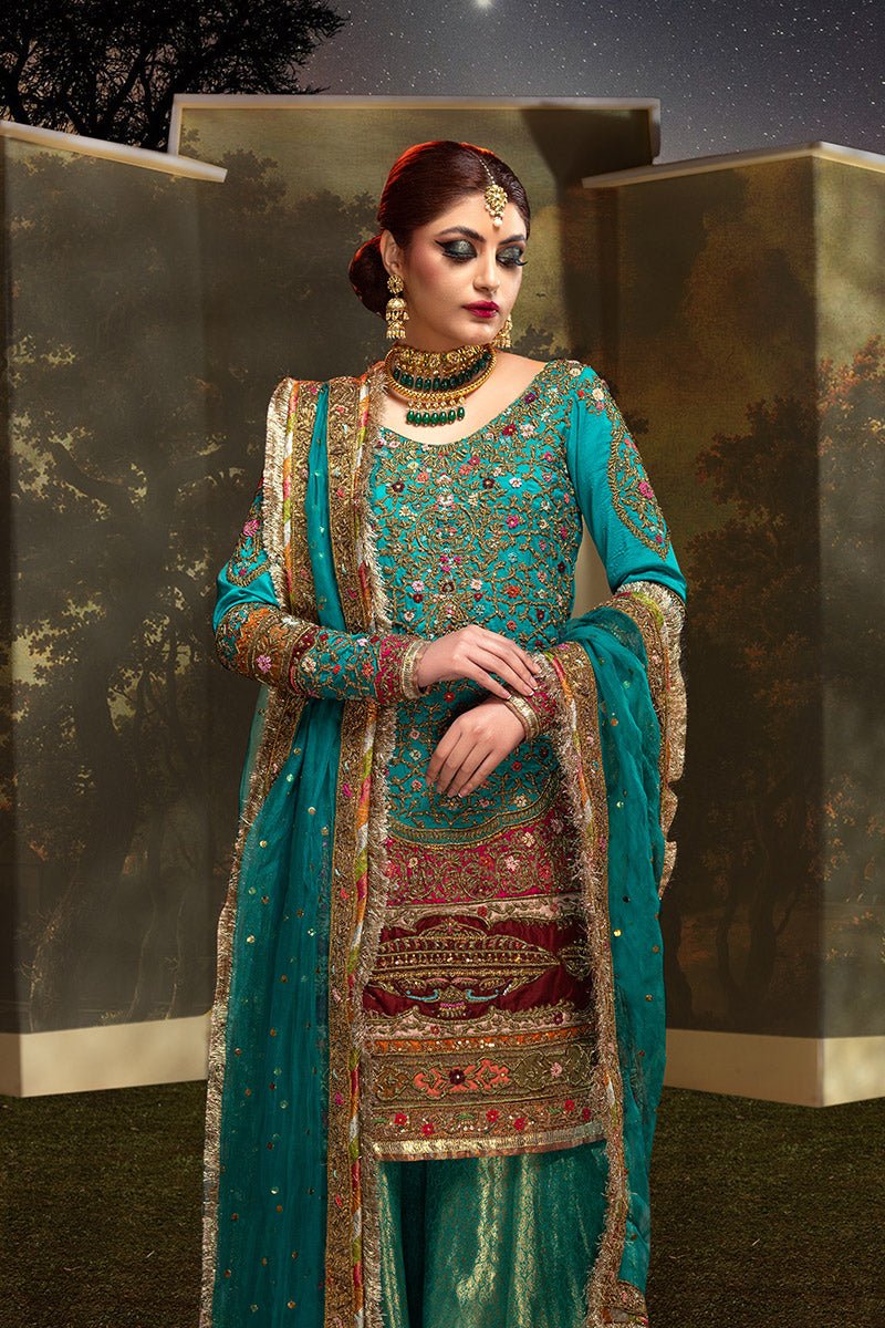 Pakistani Teal Zardozi Resham Jamawar Sharara Set (3-Piece) - Image 7