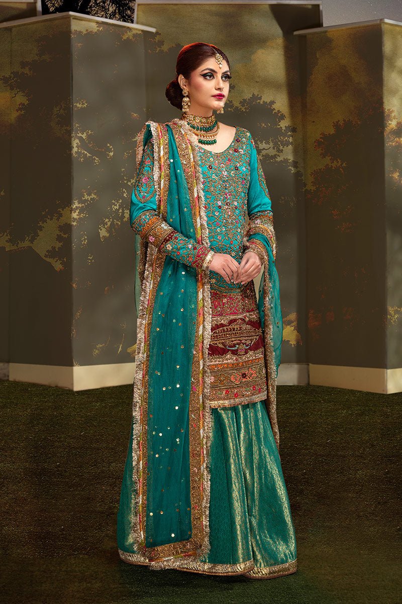 Pakistani Teal Zardozi Resham Jamawar Sharara Set (3-Piece) - Image 8