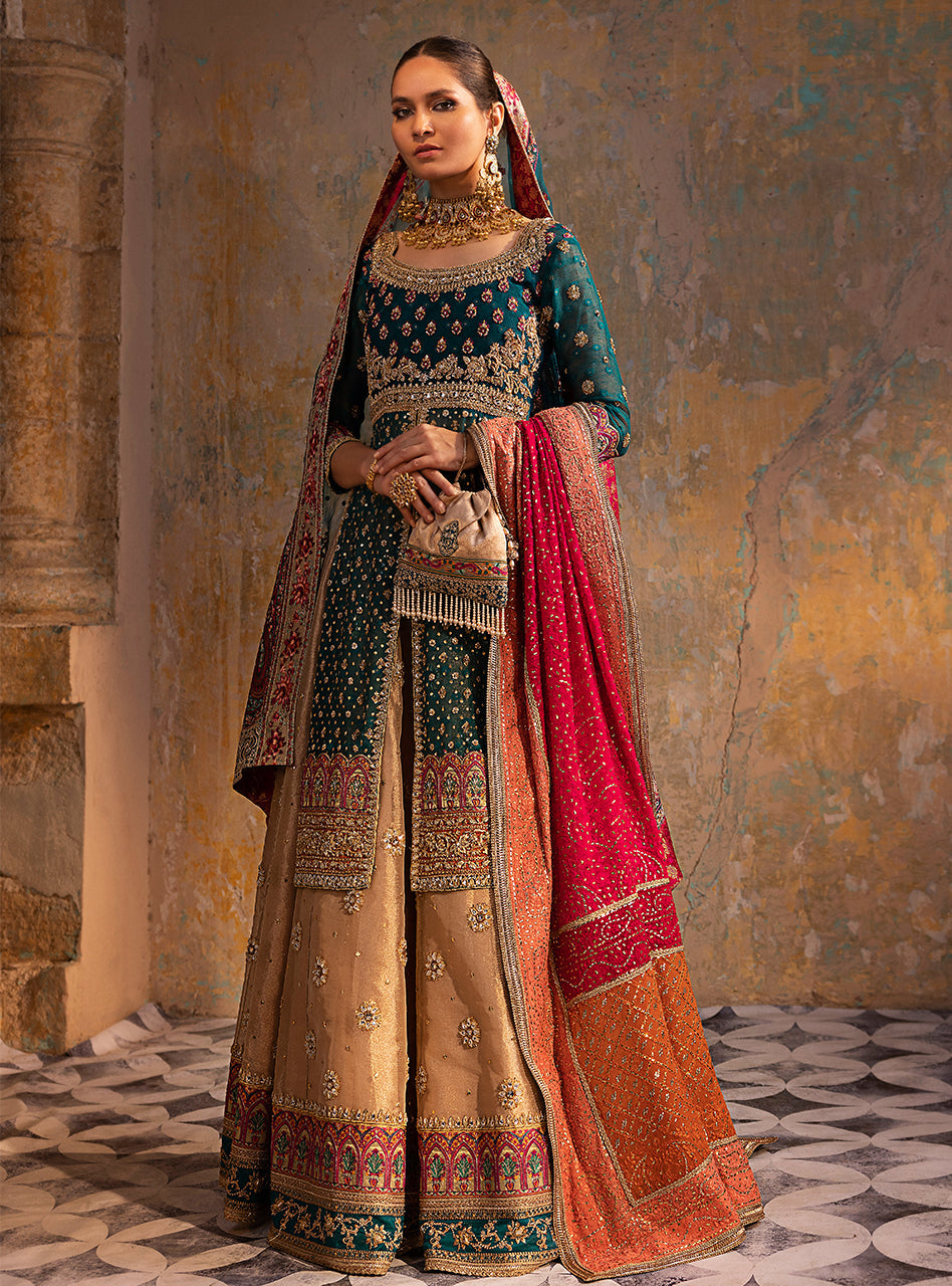 Emerald Green Embroidered Khaddi Net & Brocade Sharara (3-Piece) - Image 3