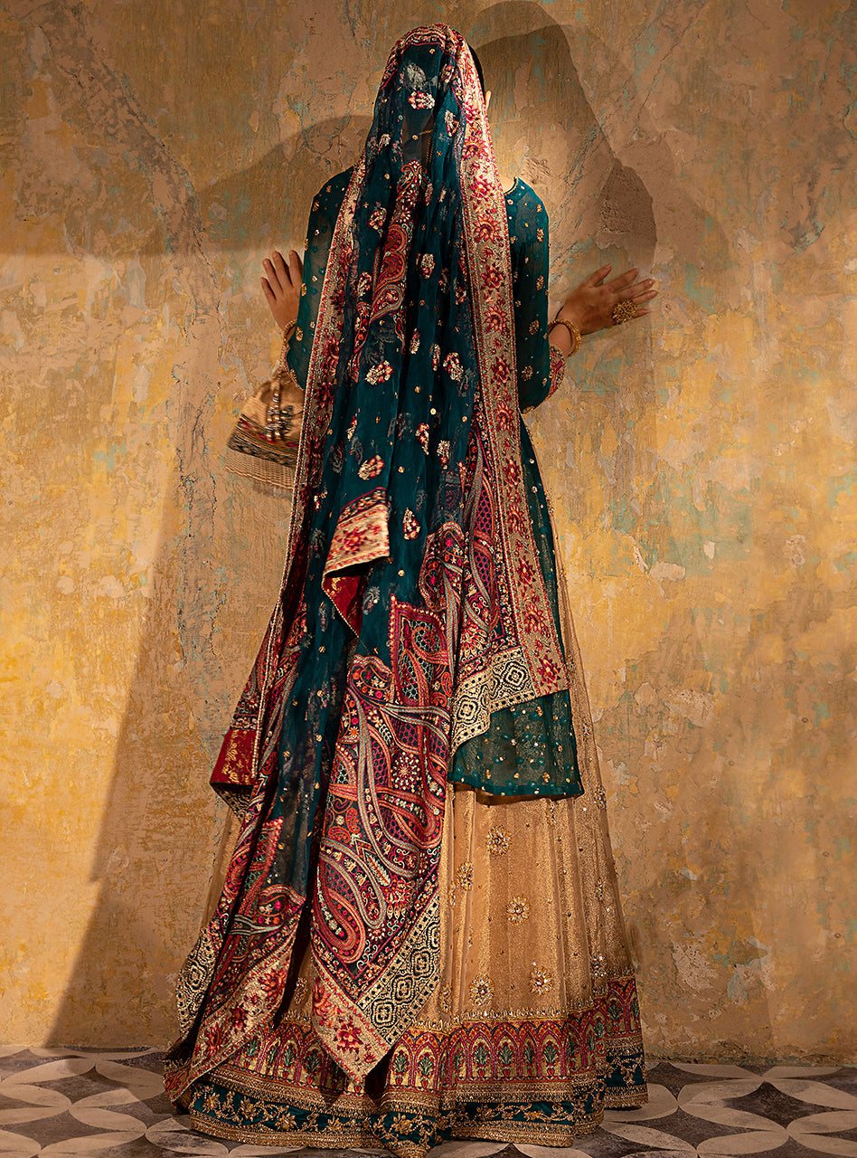 Emerald Green Embroidered Khaddi Net & Brocade Sharara (3-Piece) - Image 4