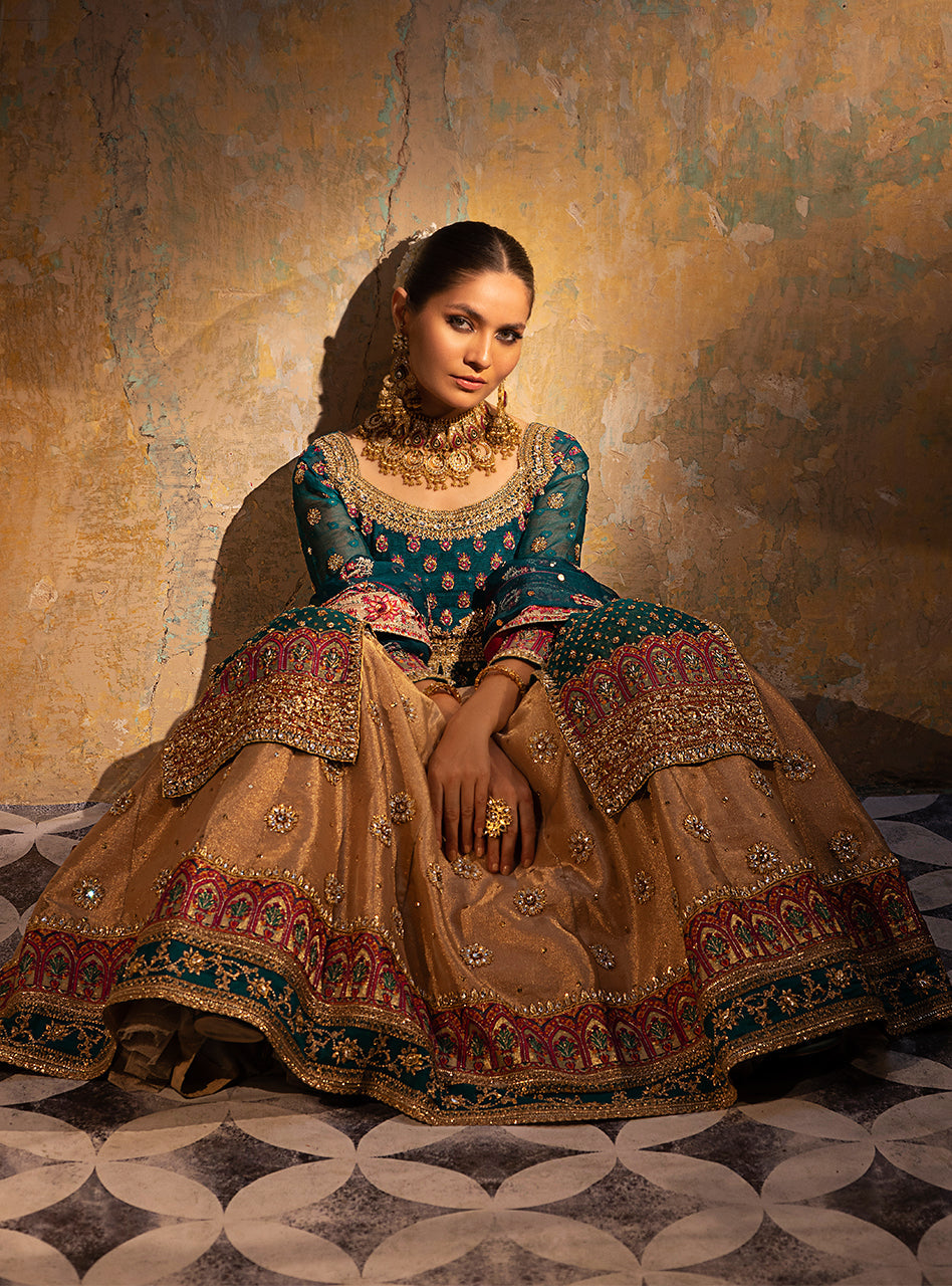 Emerald Green Embroidered Khaddi Net & Brocade Sharara (3-Piece) - Image 7