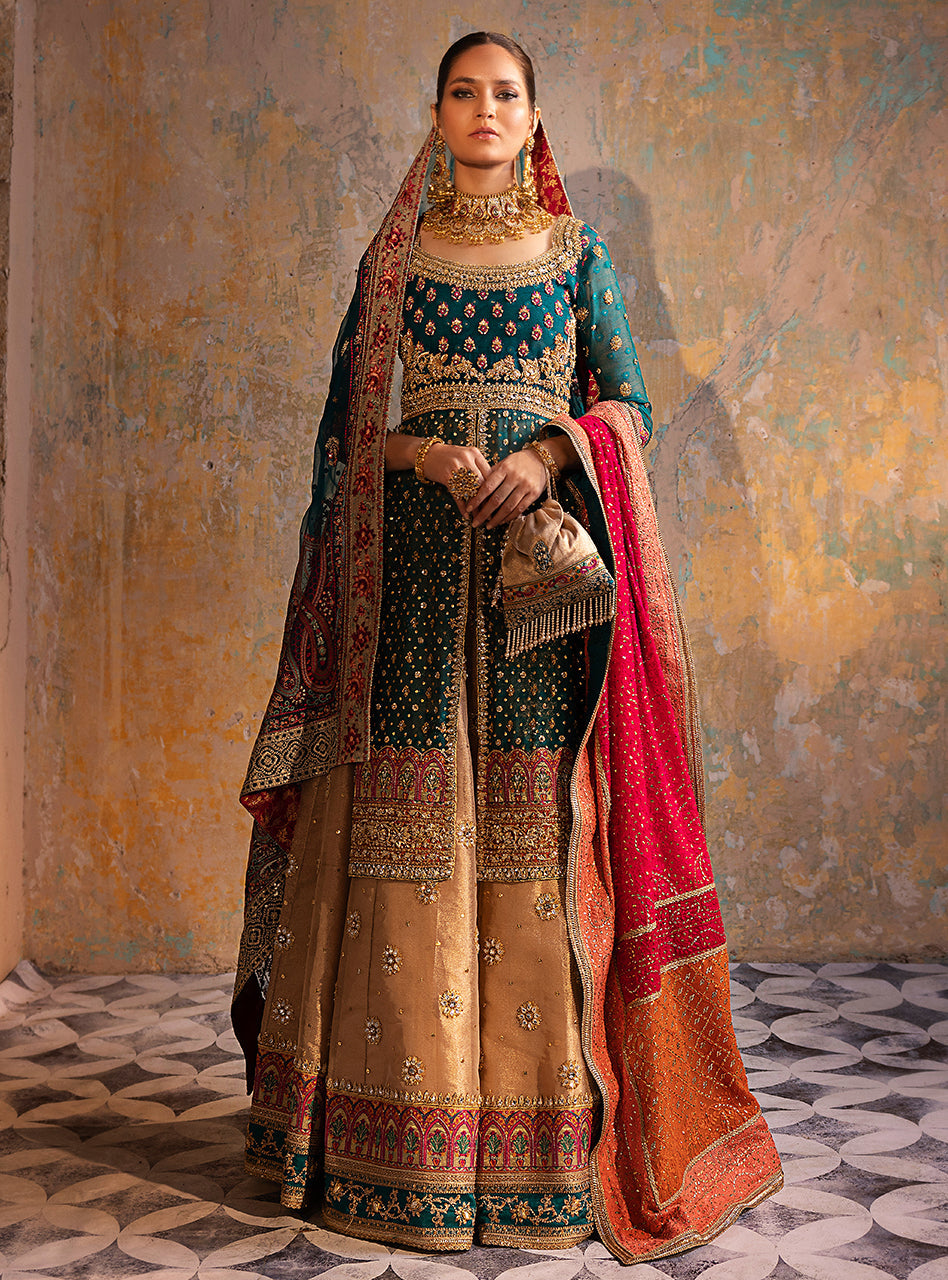 Teal Embroidered Khaddi Net & Brocade Sharara (3-Piece) - Image 1