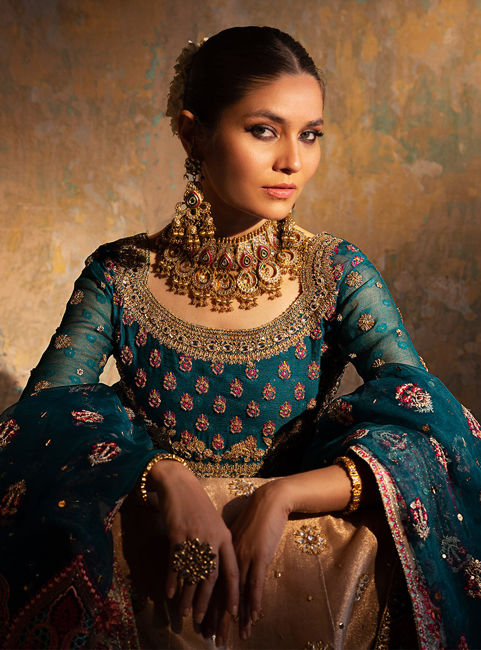 Teal Embroidered Khaddi Net & Brocade Sharara (3-Piece) - Image 4