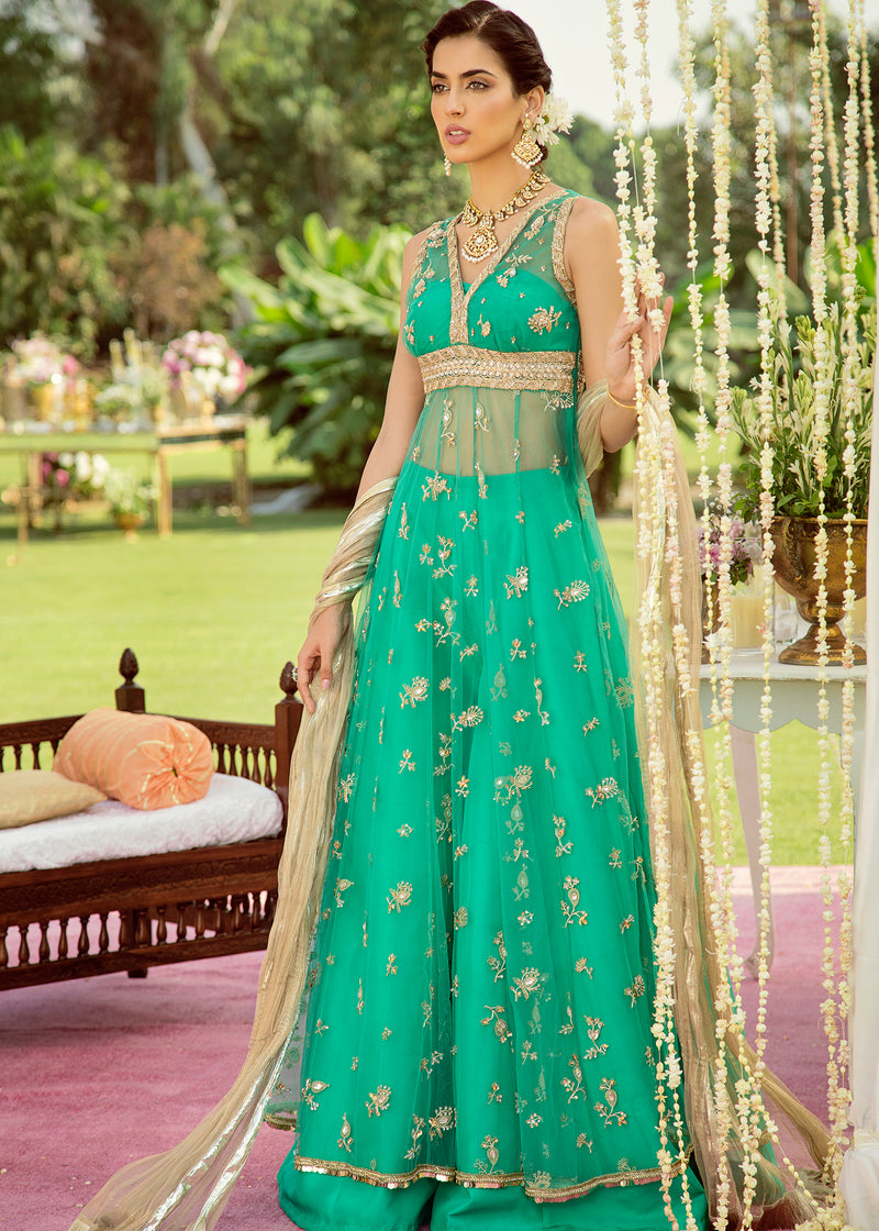 Emerald Green Embroidered Net & Silk Peshwas (3-Piece) - Image 1