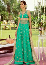 Emerald Green Embroidered Net & Silk Peshwas (3-Piece) - Image 4