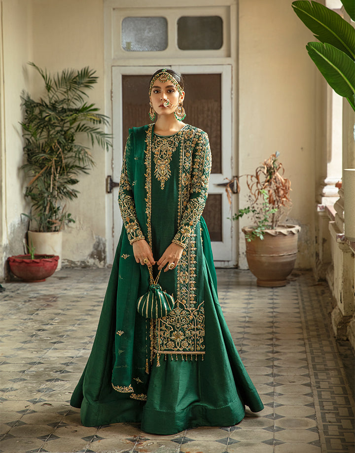 Emerald Green Handworked Korean Raw Silk Sharara (3-Piece) - Image 1