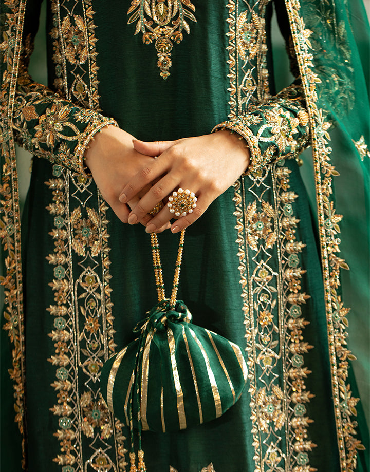 Emerald Green Handworked Korean Raw Silk Sharara (3-Piece) - Image 4