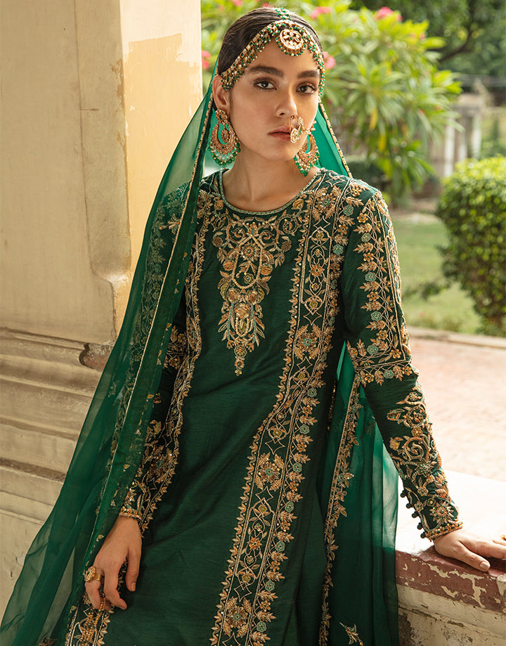 Pakistani Emerald Green Handworked Korean Raw Silk Sharara (3-Piece) - Image 3