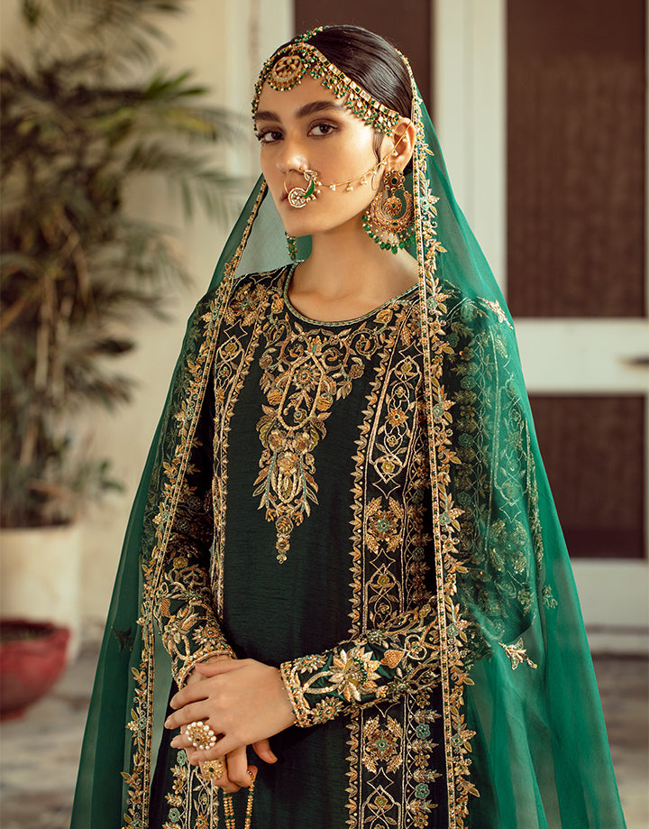 Pakistani Emerald Green Handworked Korean Raw Silk Sharara (3-Piece) - Image 5