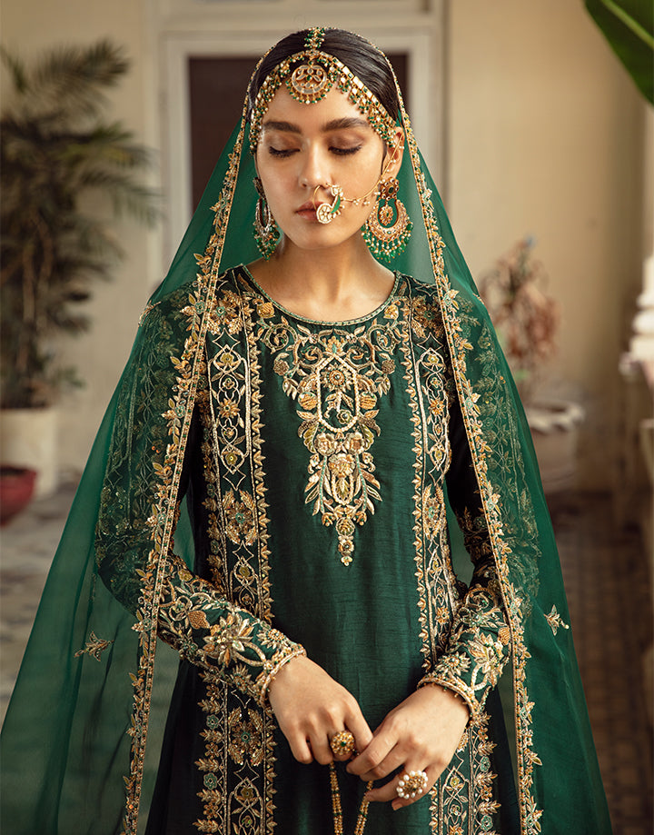 Pakistani Emerald Green Handworked Korean Raw Silk Sharara (3-Piece) - Image 6