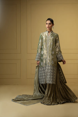 Mint Embroidered Lamé Sharara Dress (3-Piece) - Image 1