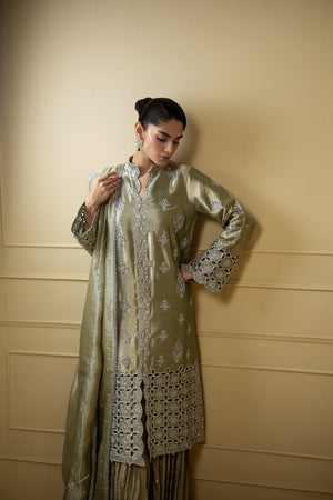Mint Embroidered Lamé Sharara Dress (3-Piece) - Image 5