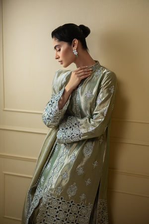 Mint Embroidered Lamé Sharara Dress (3-Piece) - Image 6