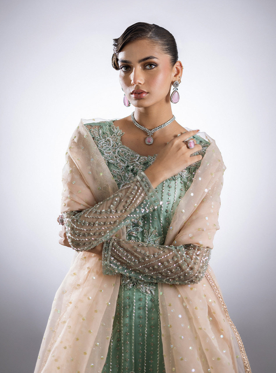 Pakistani Mint Beadwork Net Sharara Set (3-Piece) - Image 2