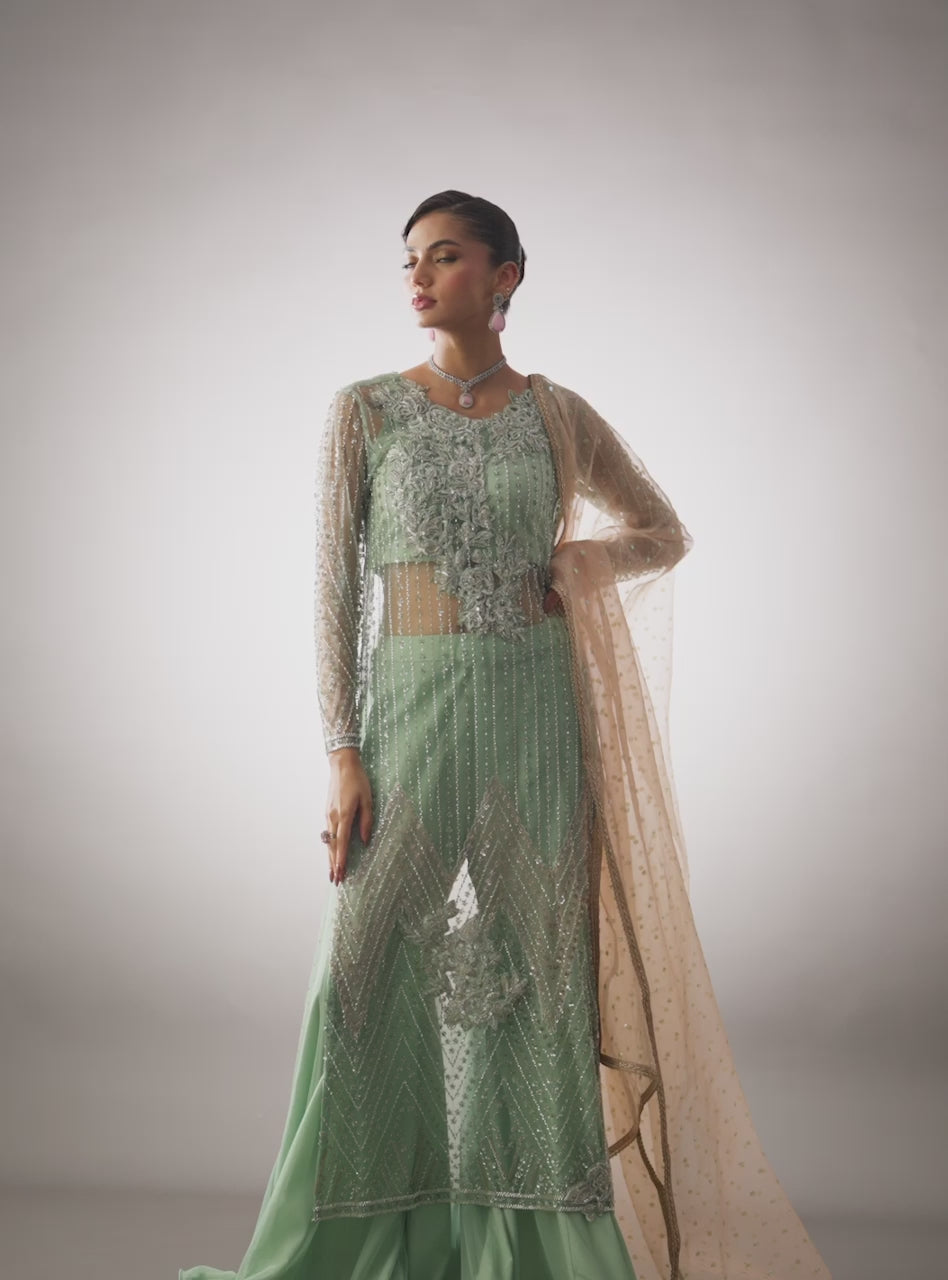Pakistani Mint Beadwork Net Sharara Set (3-Piece) - Image 5