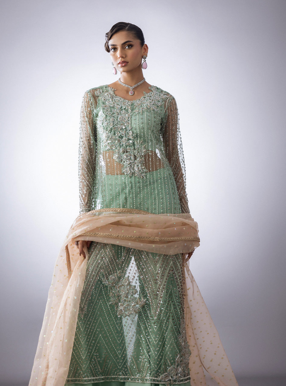 Pakistani Mint Beadwork Net Sharara Set (3-Piece) - Image 6