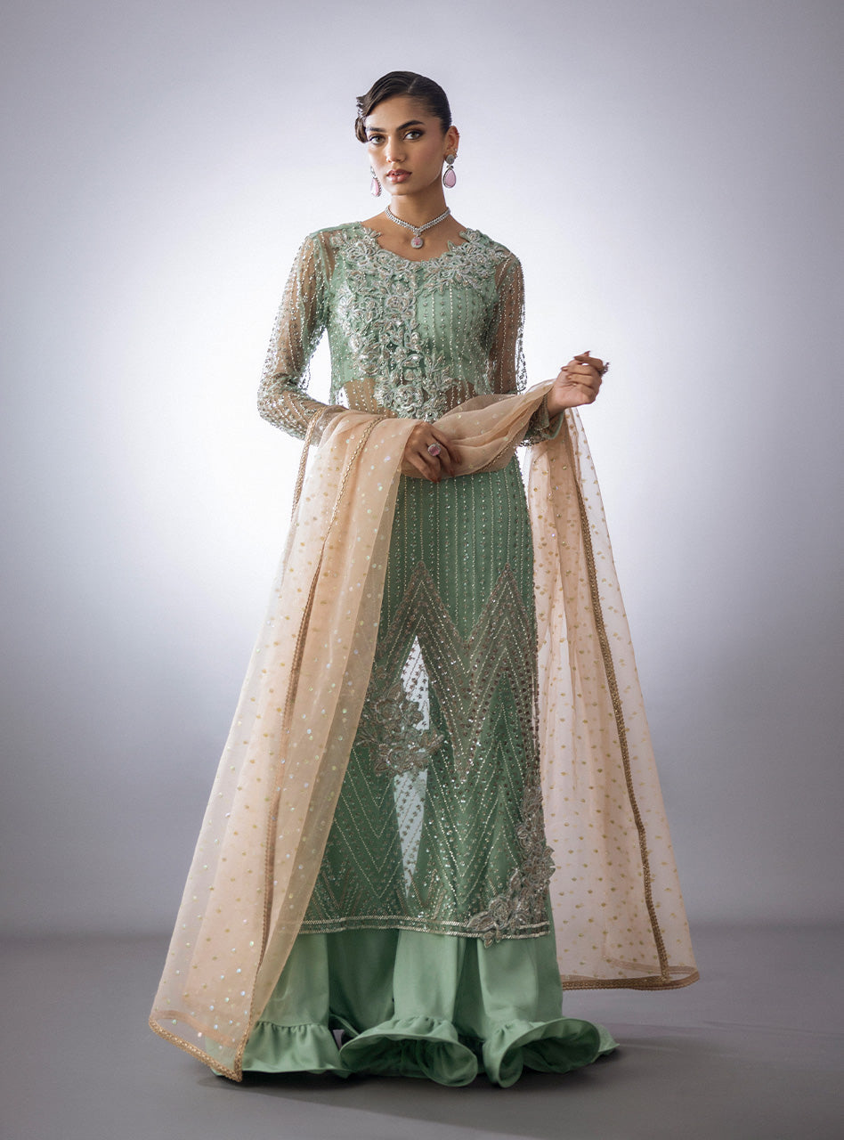 Pakistani Mint Beadwork Net Sharara Set (3-Piece) - Image 7