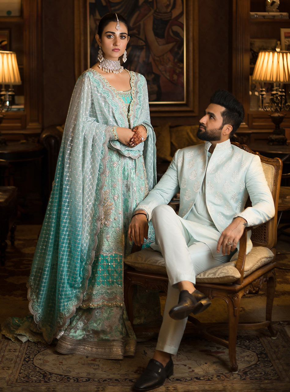 Pakistani Seafoam Embroidered Net Front-Open Gown Sharara (3-Piece) - Image 2