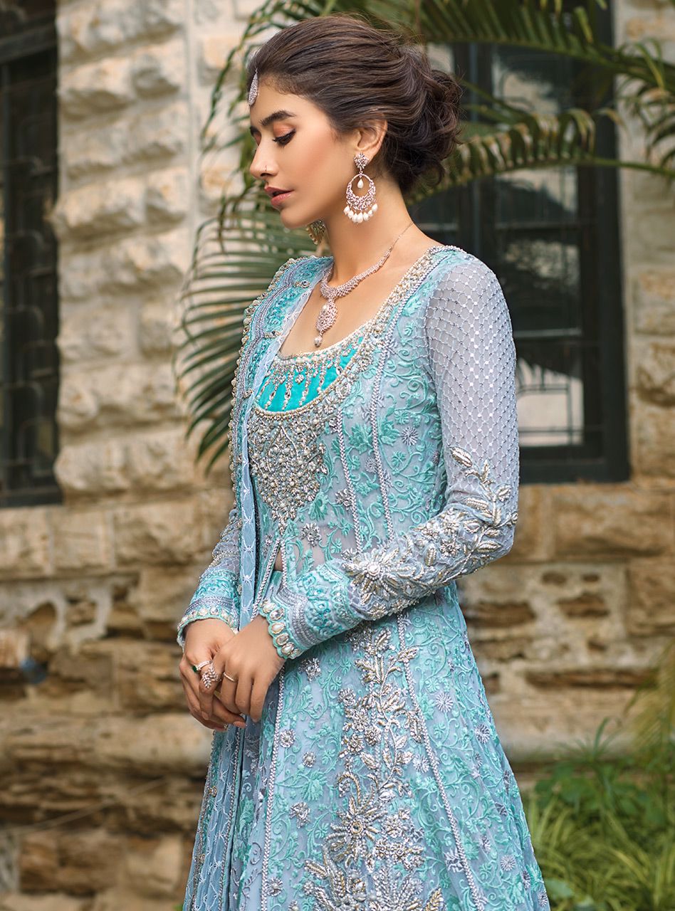Pakistani Seafoam Embroidered Net Front-Open Gown Sharara (3-Piece) - Image 6