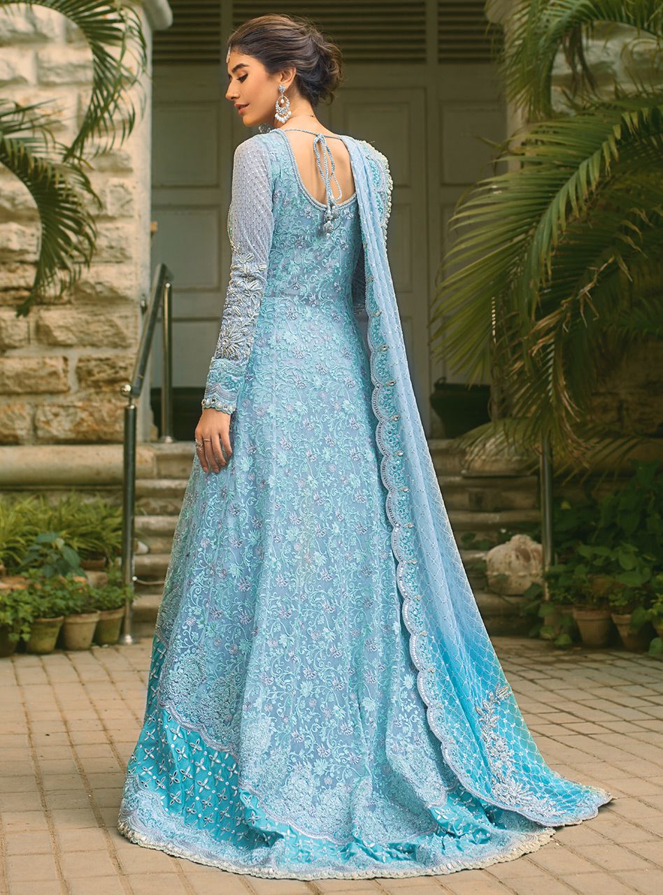 Pakistani Seafoam Embroidered Net Front-Open Gown Sharara (3-Piece) - Image 9
