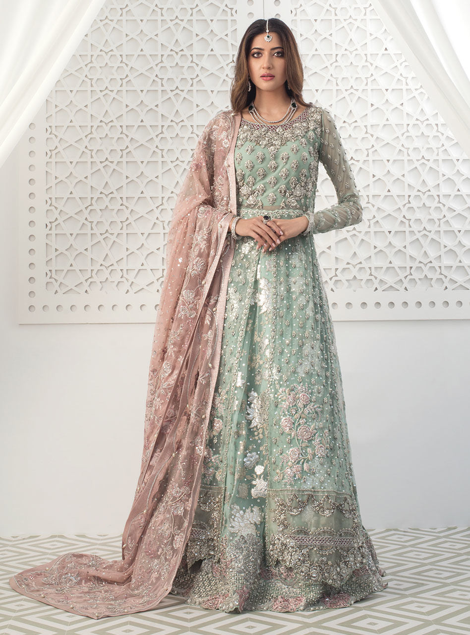 Mint Embellished Net Sharara Set (3-Piece) - Image 1