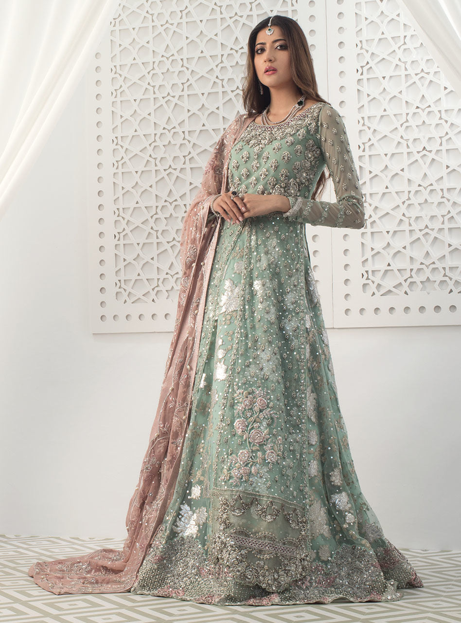 Mint Embellished Net Sharara Set (3-Piece) - Image 2
