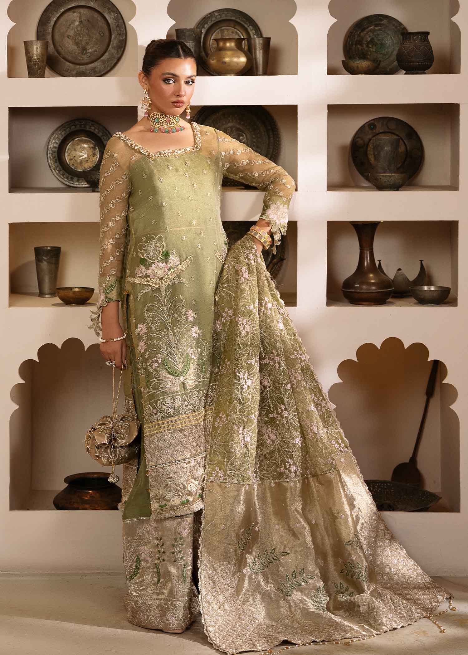 Pakistani Mint Green Embroidered Net Organza Sharara (3-Piece) - Image 1