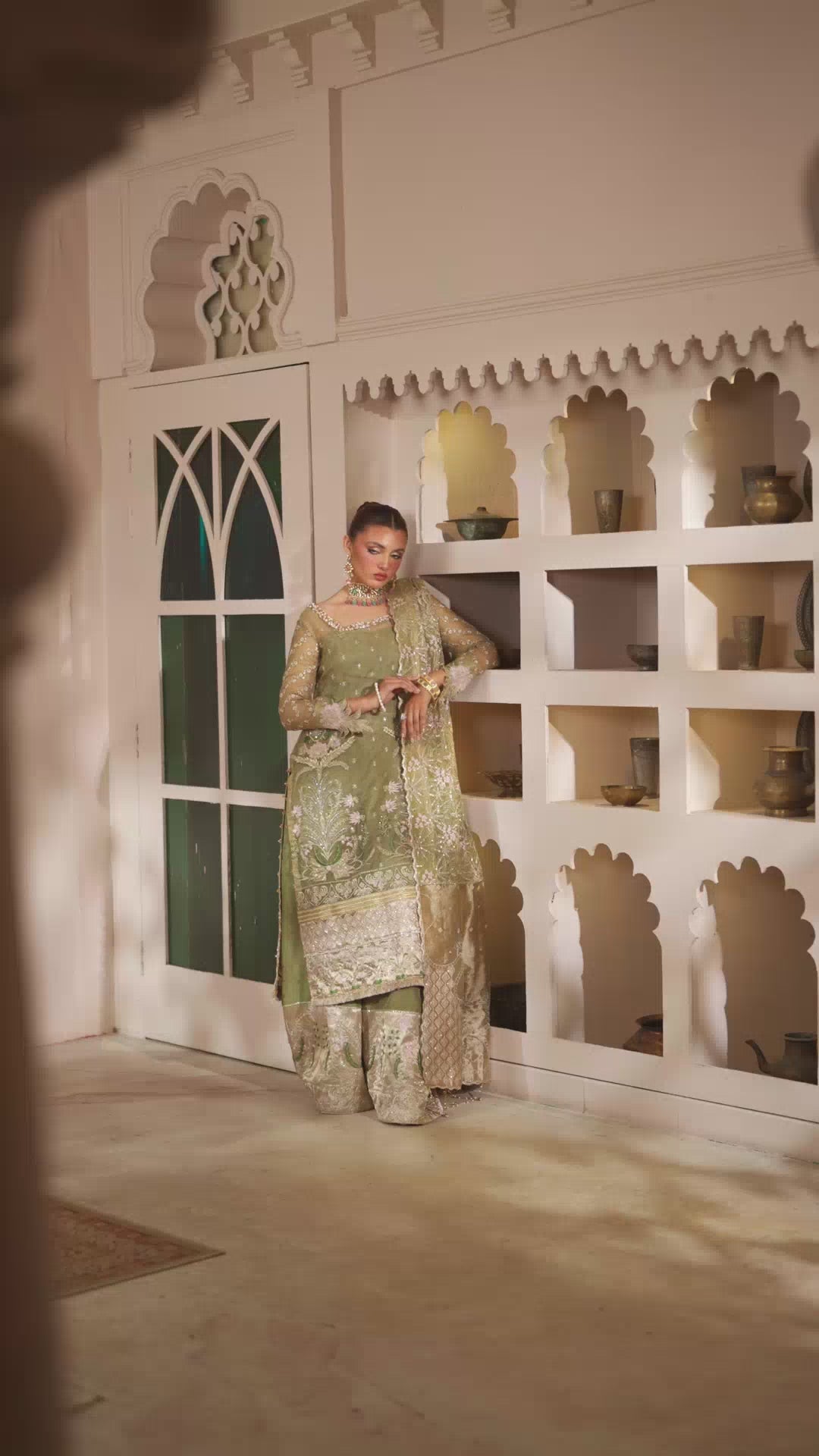 Pakistani Mint Green Embroidered Net Organza Sharara (3-Piece) - Image 4