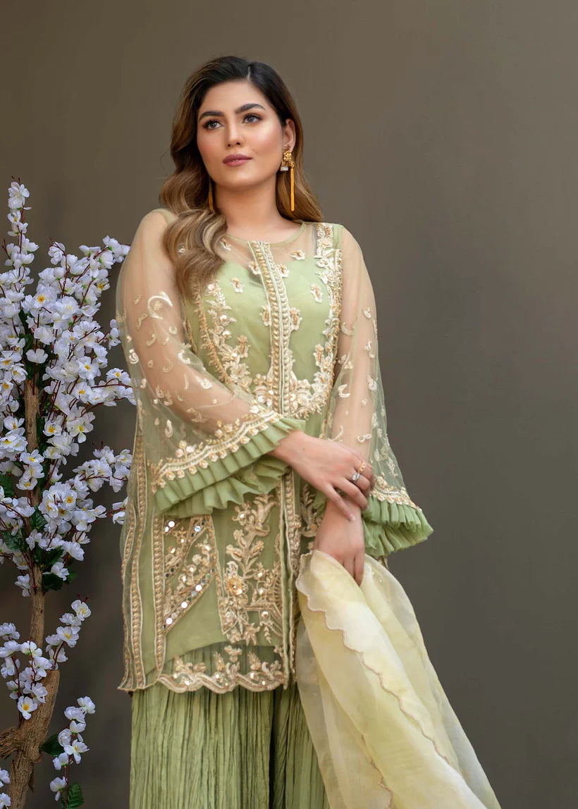 Pakistani Pistachio Green Embroidered Net Sharara (3-Piece) - Image 2