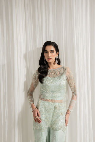 Mint Hand-Embellished Net Sharara (3-Piece) - Image 4