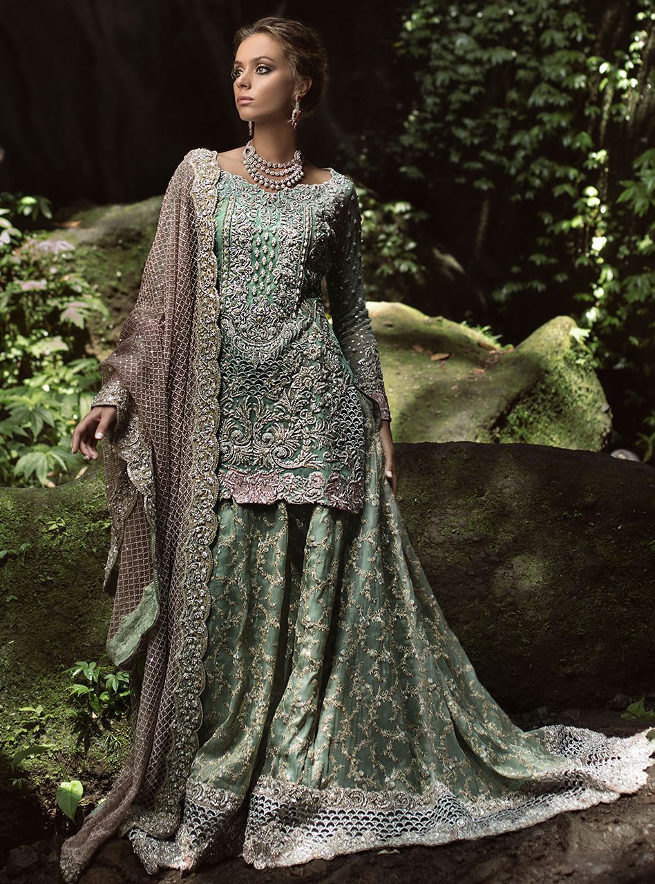 Mint Embellished Net Sharara Set (3-Piece) - Image 1