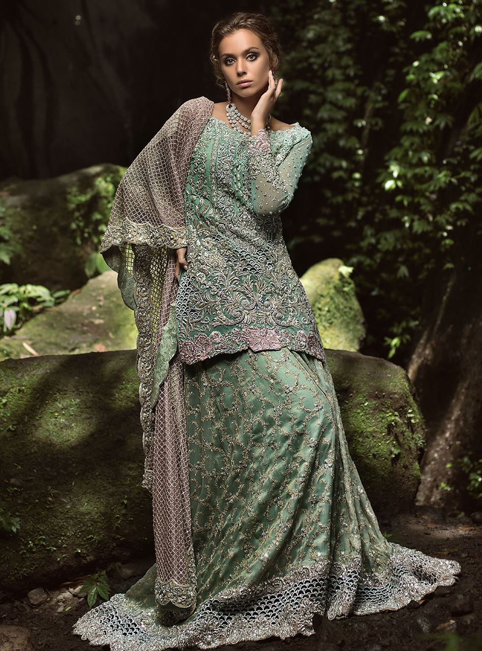 Mint Embellished Net Sharara Set (3-Piece) - Image 2