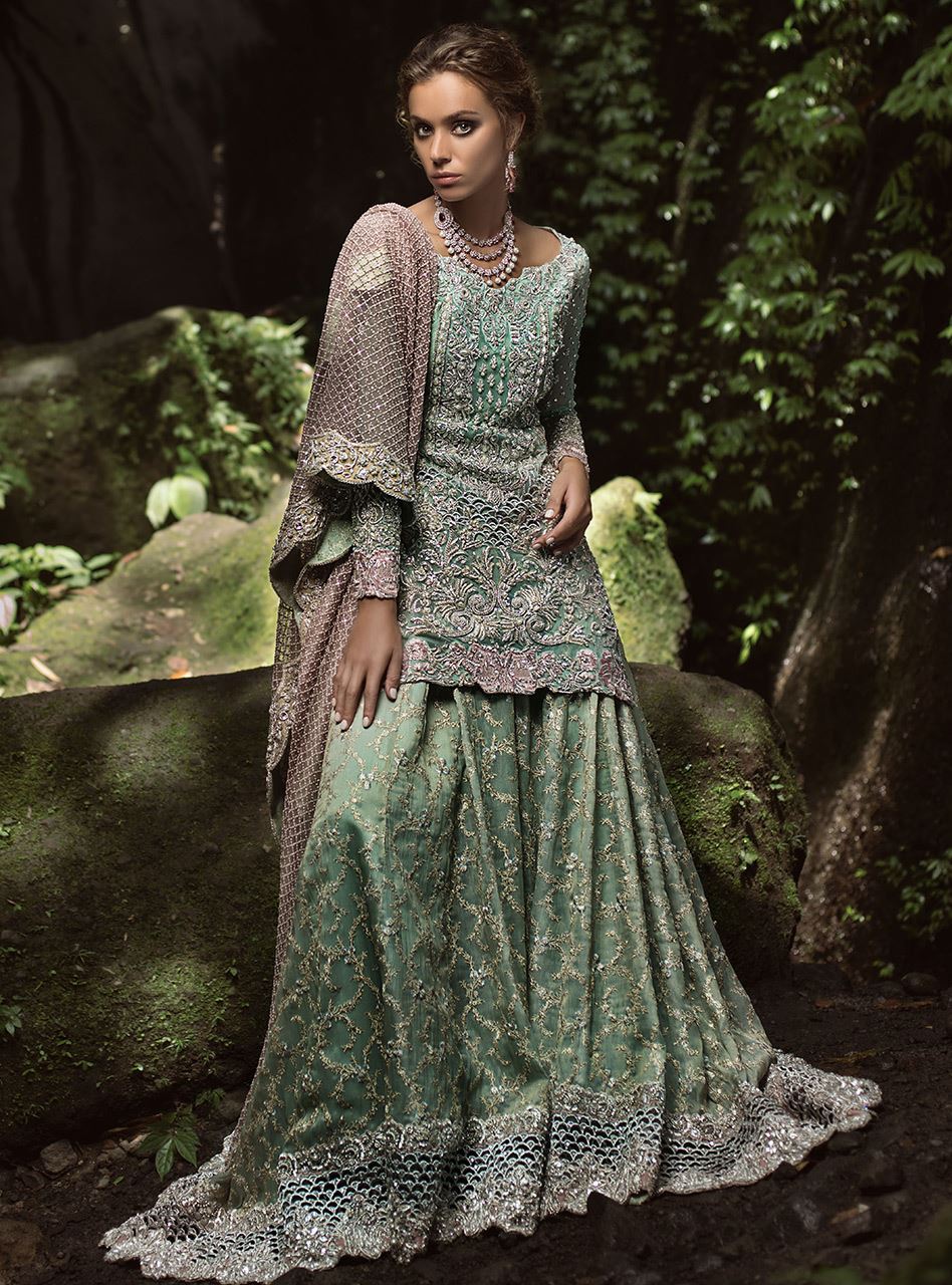 Pakistani Mint Embellished Net Sharara Set (3-Piece) - Image 2