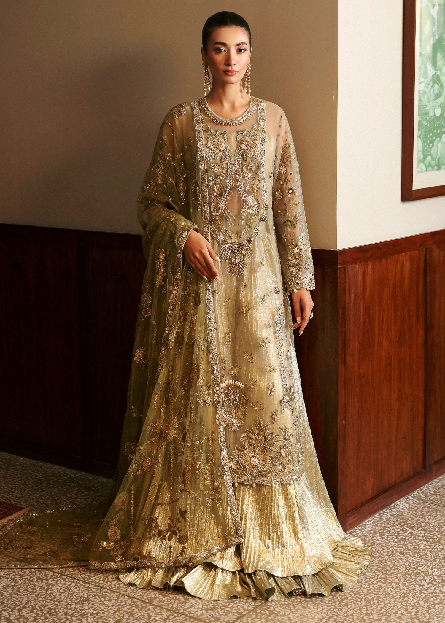 Olive Green Embroidered Net & Tissue Sharara (3-Piece) - Image 2