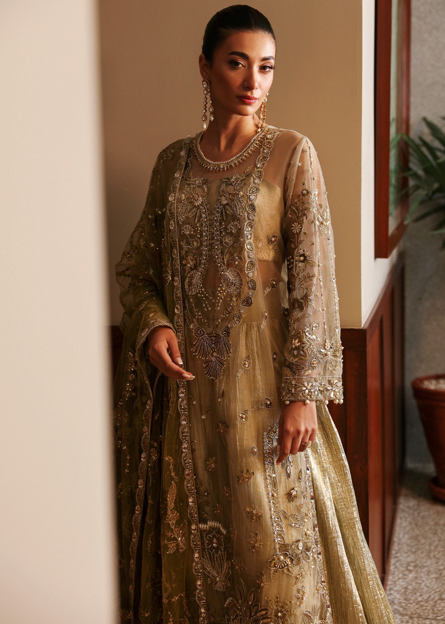 Olive Green Embroidered Net & Tissue Sharara (3-Piece) - Image 3