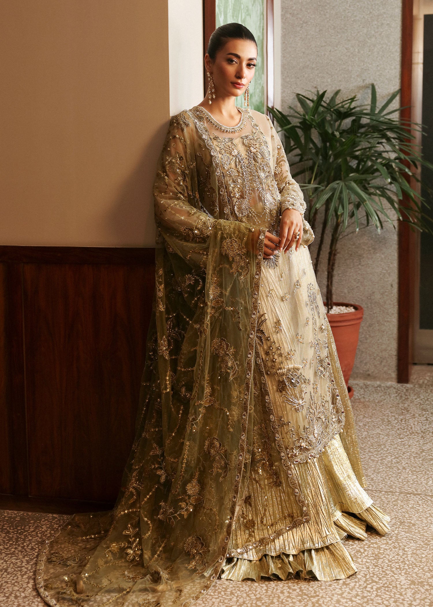 Olive Green Embroidered Net & Tissue Sharara (3-Piece) - Image 4