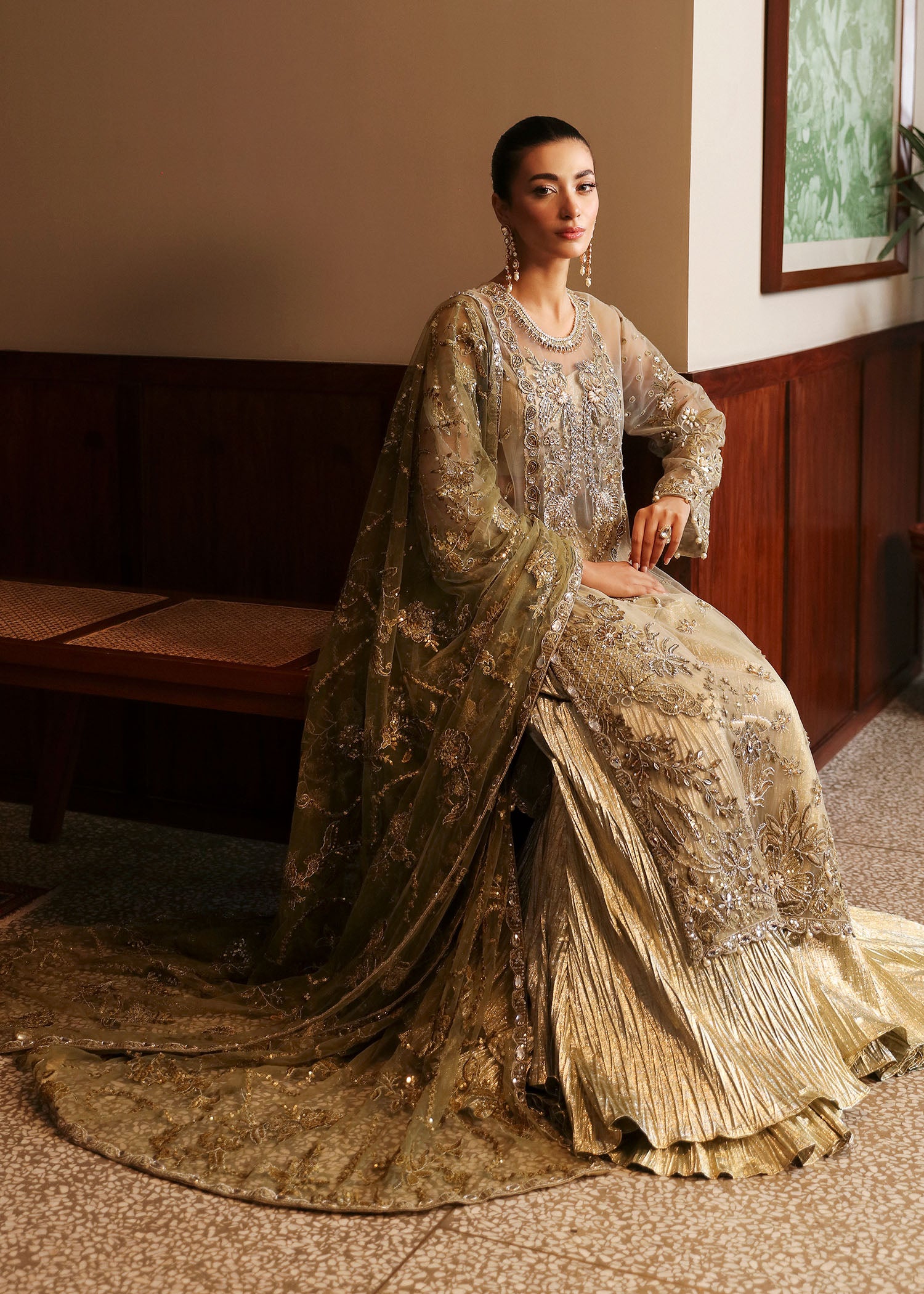 Olive Green Embroidered Net & Tissue Sharara (3-Piece) - Image 6