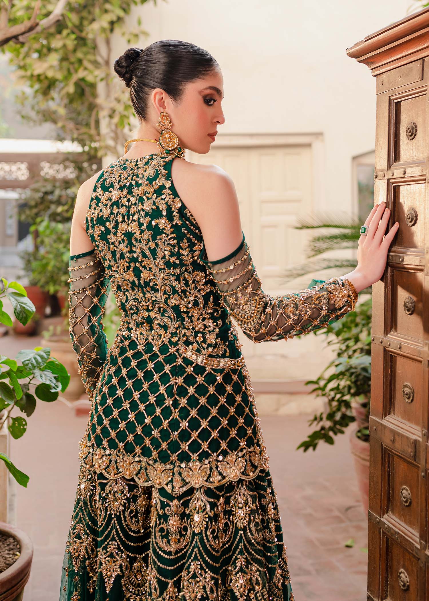Pakistani Bottle Green Embellished Net & Silk Sharara (3-Piece) - Image 3