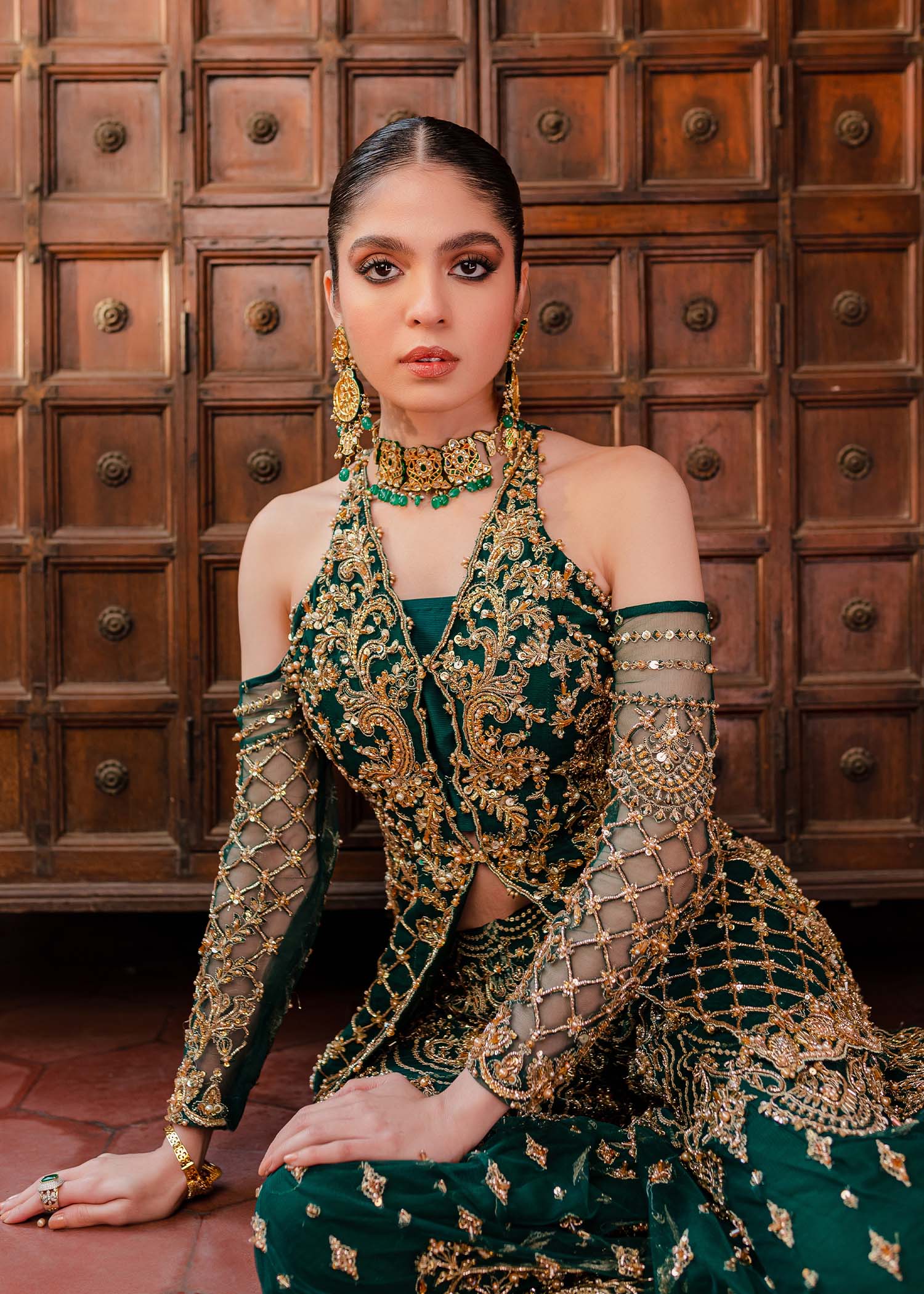 Pakistani Bottle Green Embellished Net & Silk Sharara (3-Piece) - Image 4