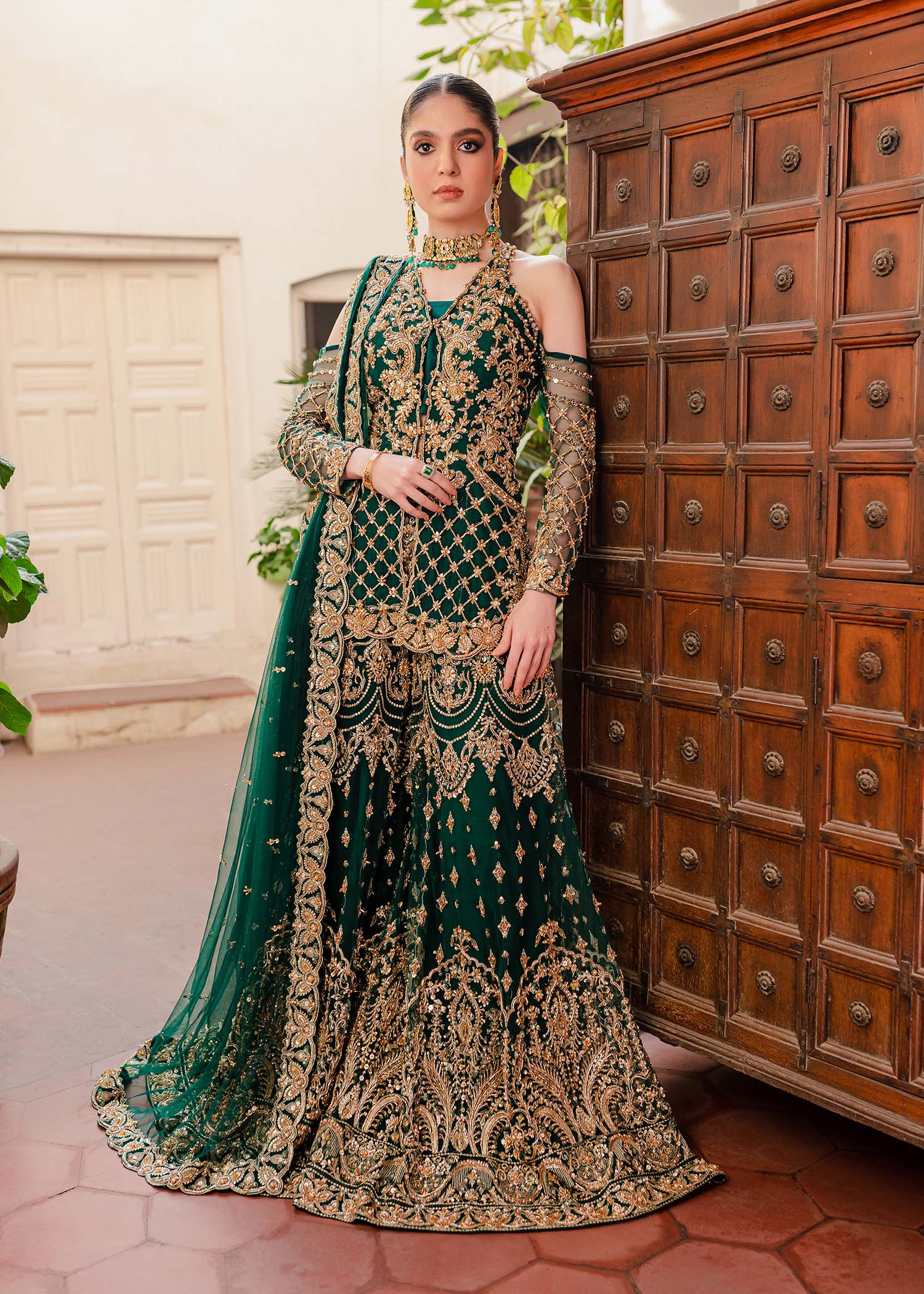 Pakistani Bottle Green Embellished Net & Silk Sharara (3-Piece) - Image 5