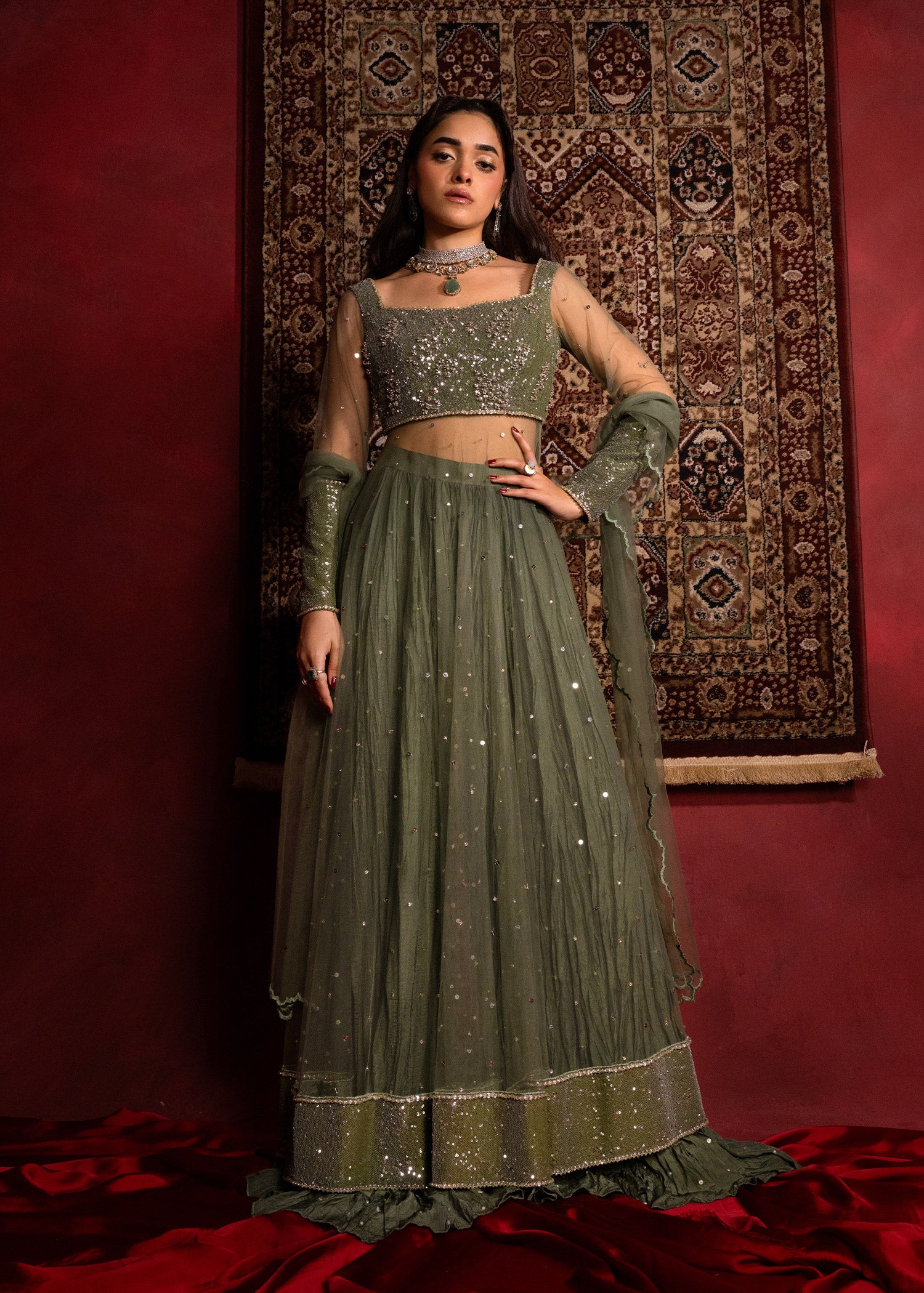 Olive Green Sequin Net Pishwas Dress (3-Piece) - Image 1