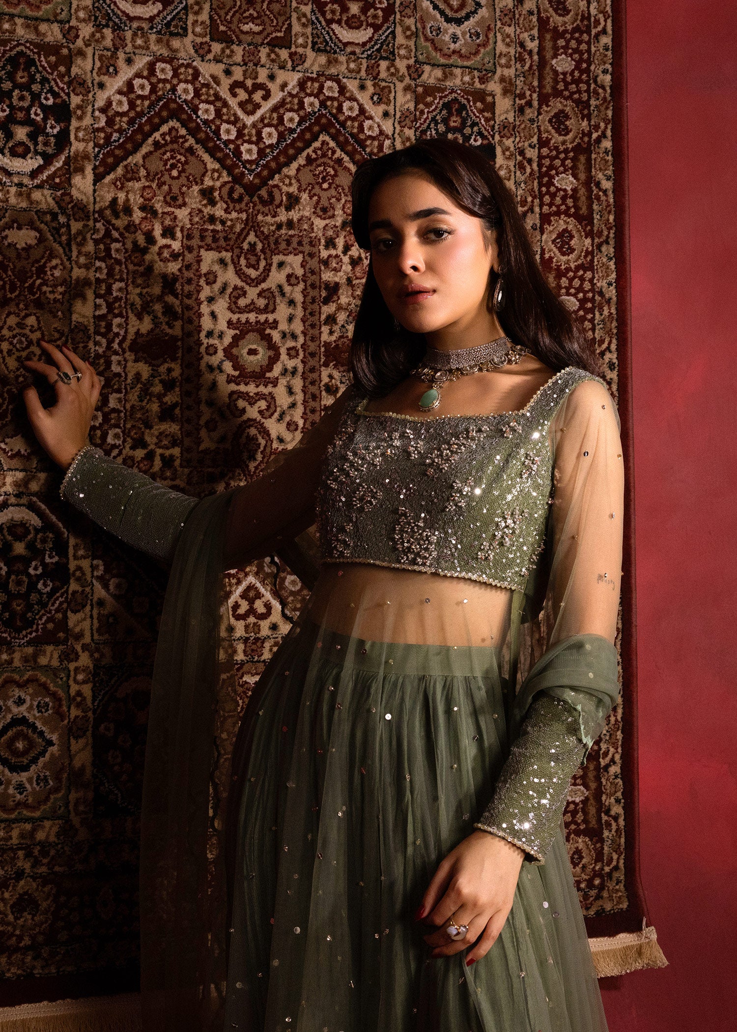 Olive Green Sequin Net Pishwas Dress (3-Piece) - Image 2