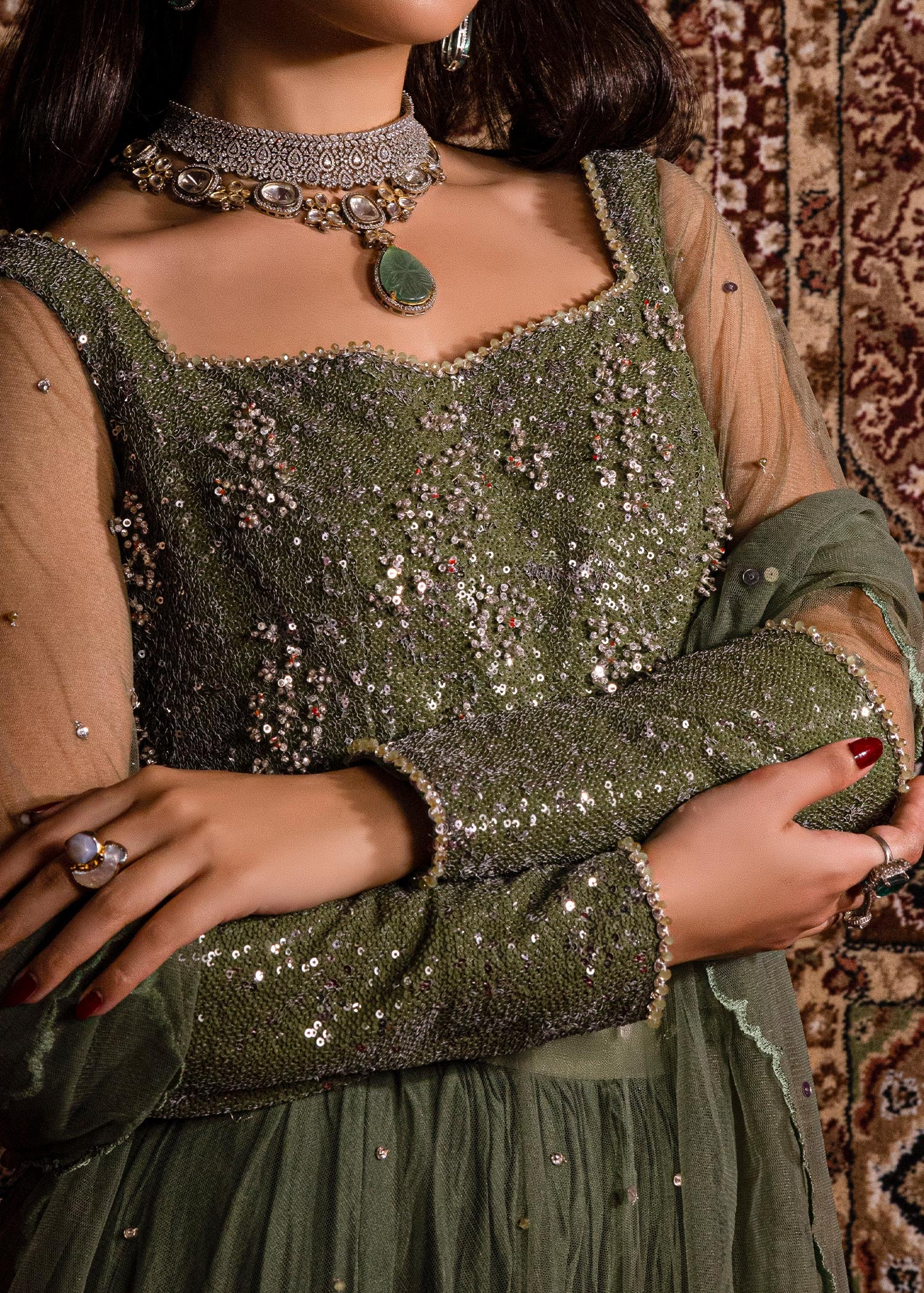 Olive Green Sequin Net Pishwas Dress (3-Piece) - Image 3