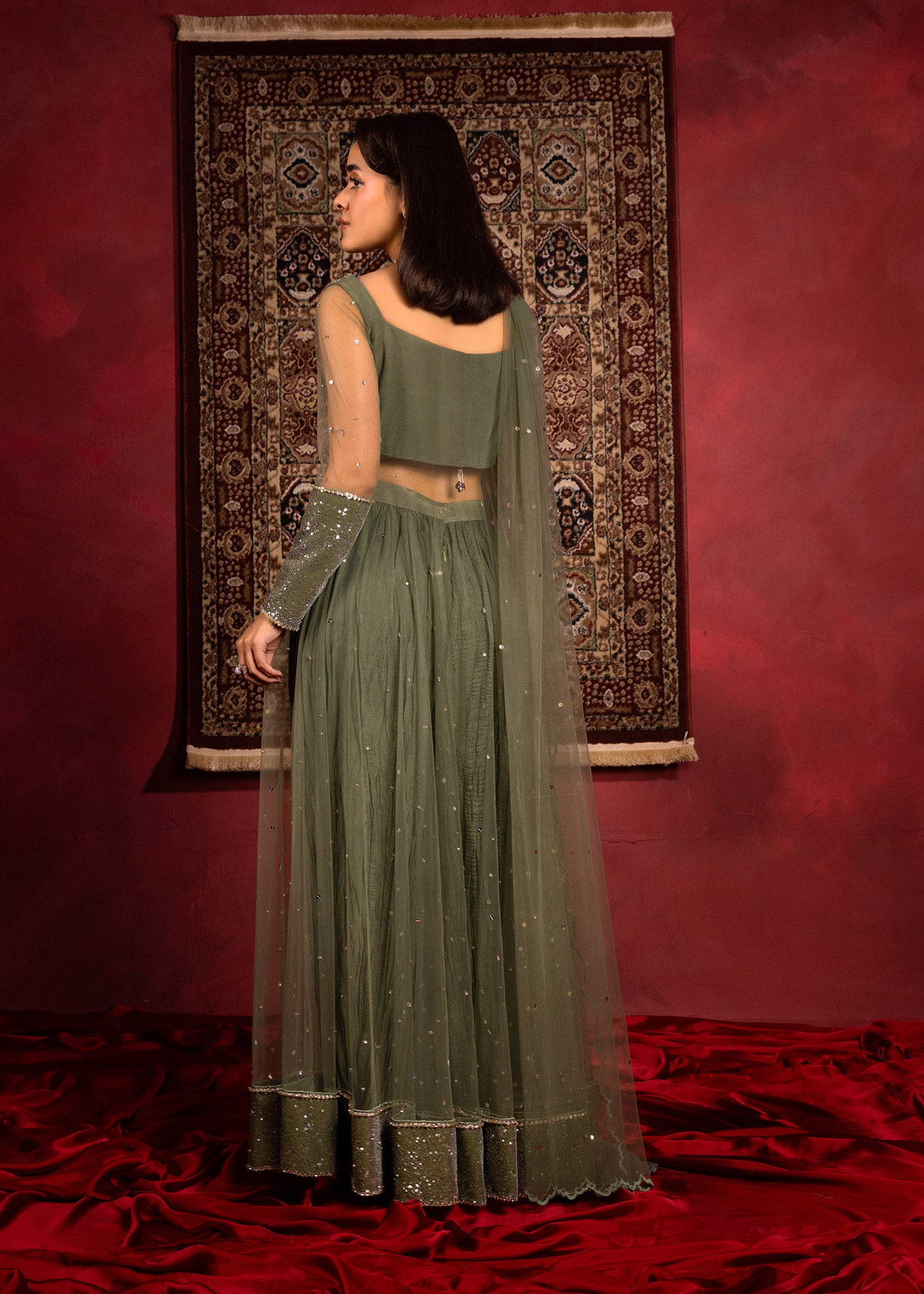 Olive Green Sequin Net Pishwas Dress (3-Piece) - Image 4