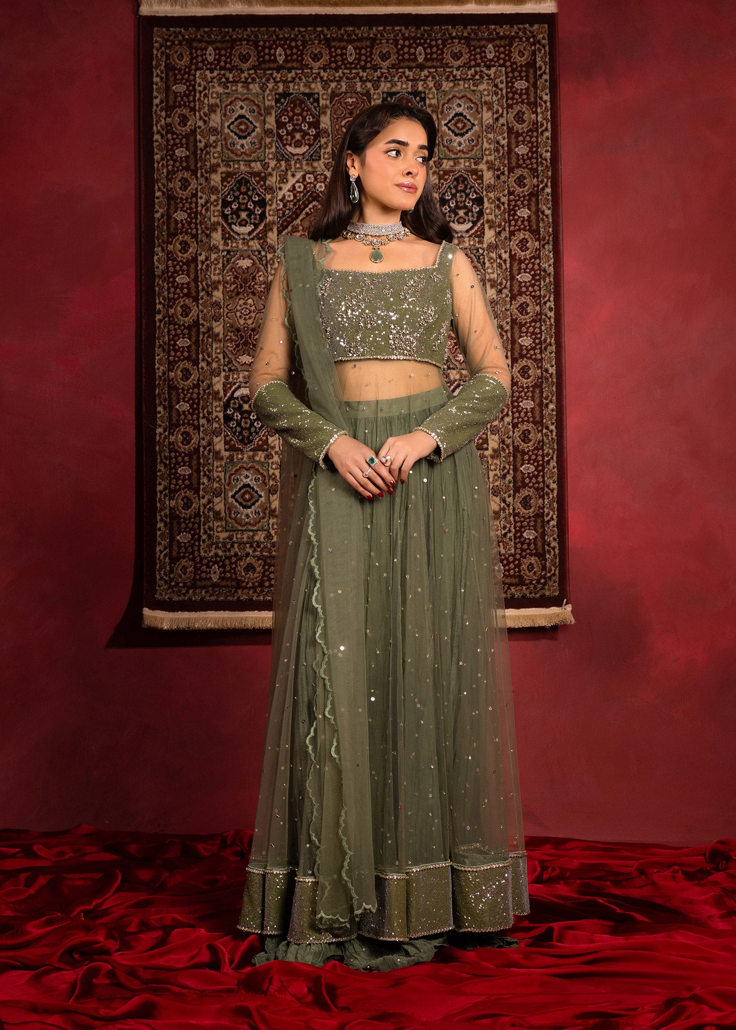 Olive Green Sequin Net Pishwas Dress (3-Piece) - Image 6