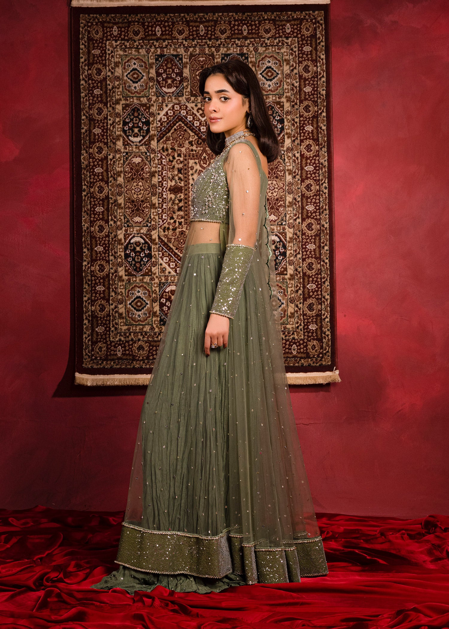 Olive Green Sequin Net Pishwas Dress (3-Piece) - Image 7